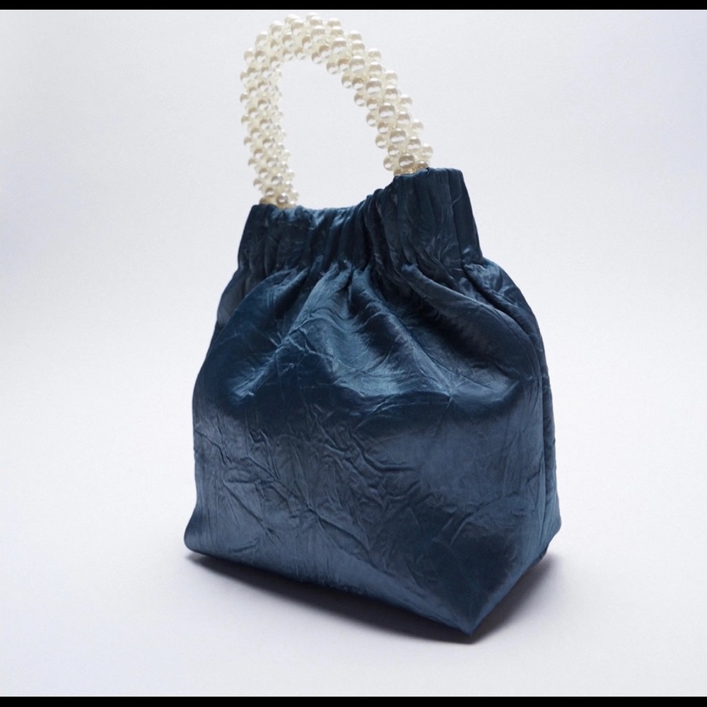 Zara Blue Pearl Handle Wrinkled Crossbody